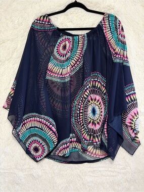 Dorothy Perkins Womens Boho Sheer Kimono Sleeve Blouse Size 12 Navy Resortwear